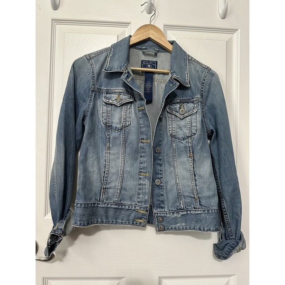 Lucky Brand Ladies Jean Jacket Sz Small Blue Denium Distressed Button Up Pockets - Picture 1 of 6